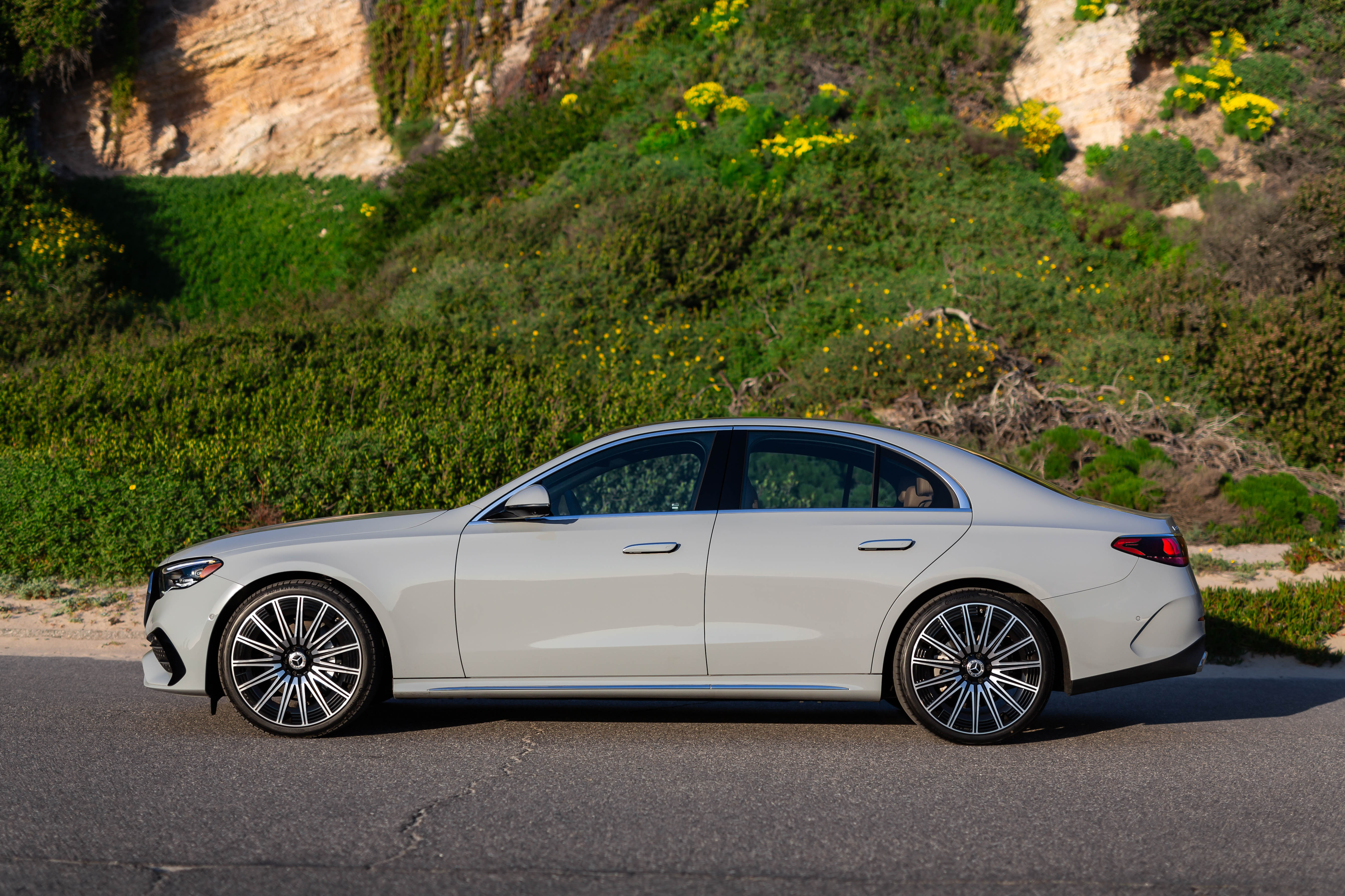 Side view of a grey 2024 Mercedes-Benz E350