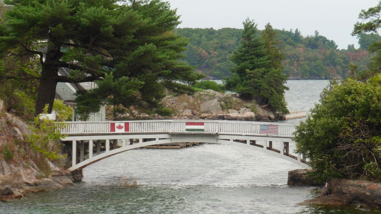 A close up of the tiny bridge connecting two islands between America and Canada. 