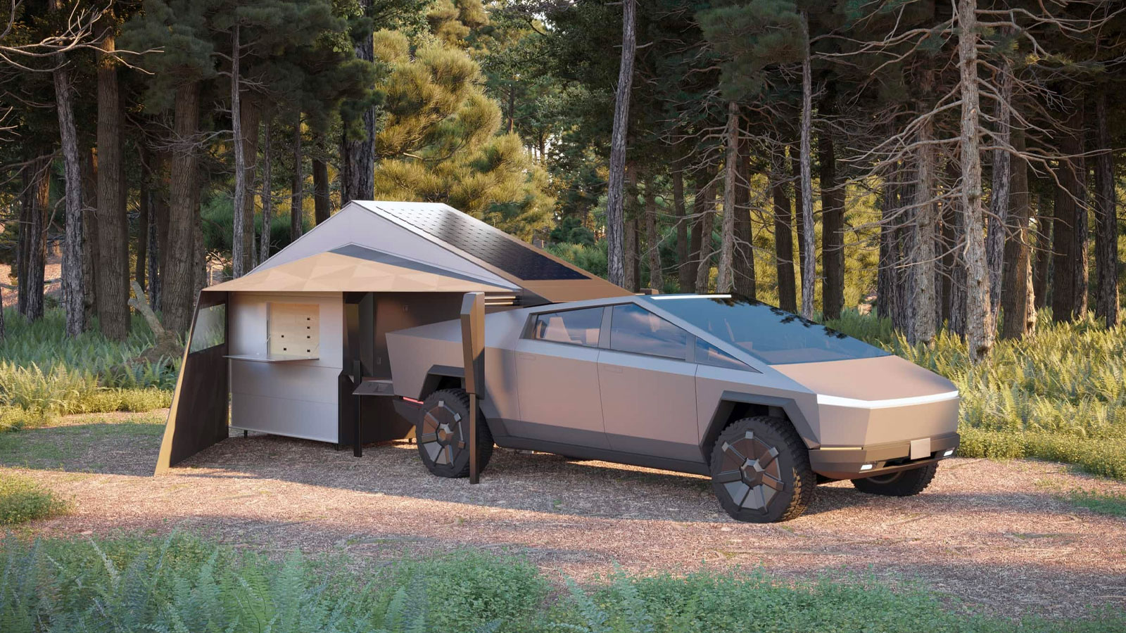 A render of the Form Camper attached to a Tesla Cybertruck 