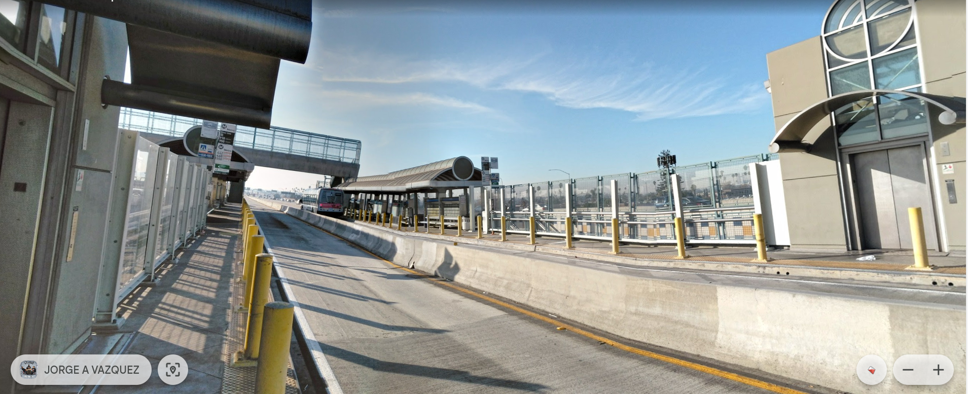 A Google Earth screenshot showing the Harbor Transitway bus station at Slauson, directly in the middle of the 110 freeway