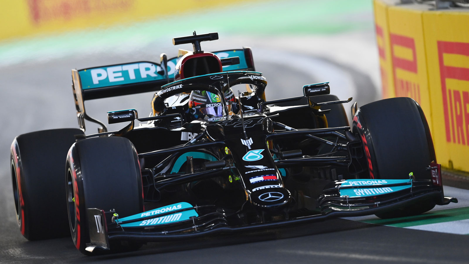 Lewis Hamilton drives his Mercedes F1 car in Saudi Arabia 