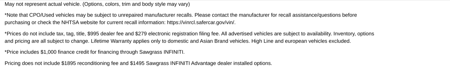 Fine print that details over $5,000 in additonal charges for a used car