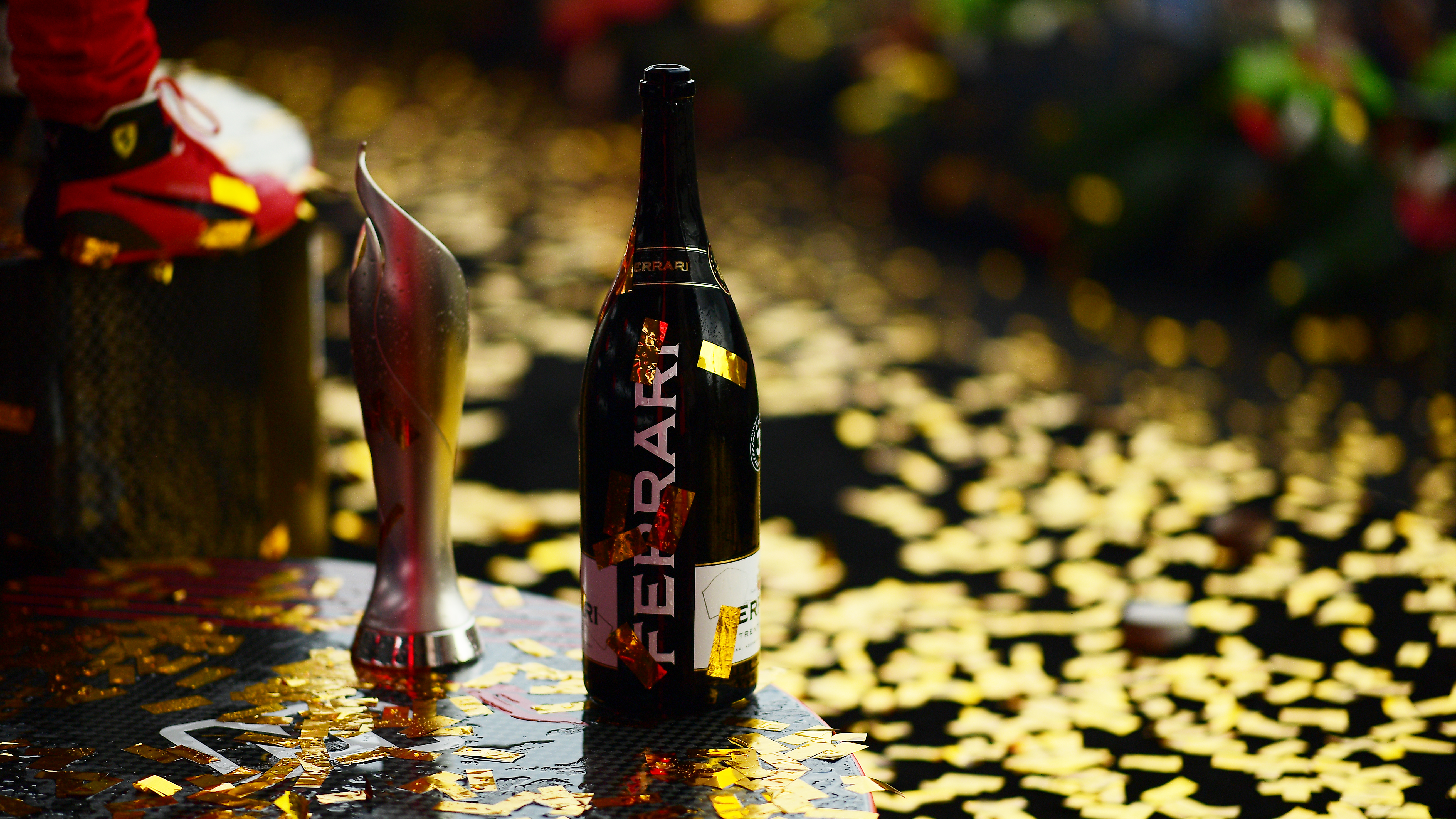 Ferrari Trento sparkling wine is pictured on the podium during the F1 Grand Prix of Azerbaijan at Baku City Circuit on April 30, 2023 in Baku, Azerbaijan