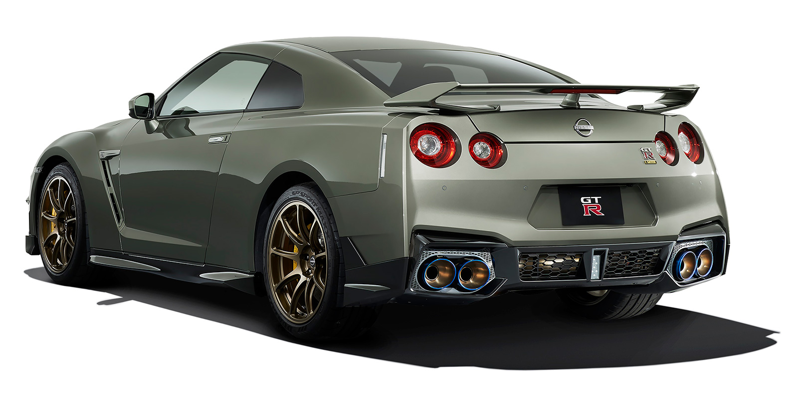 Rear quarter view of 2024 Nissan GT-R in Millennium Jade.