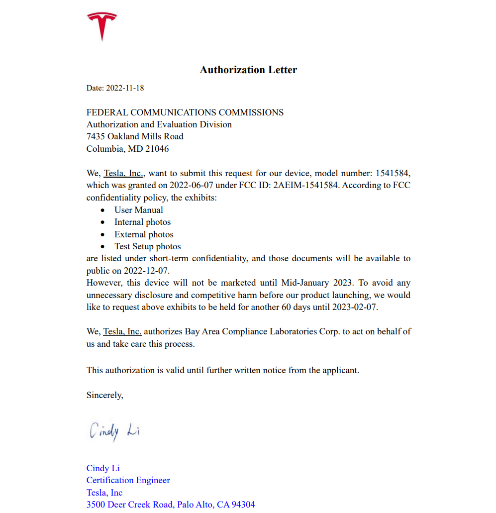 Tesla FCC filing, reading 