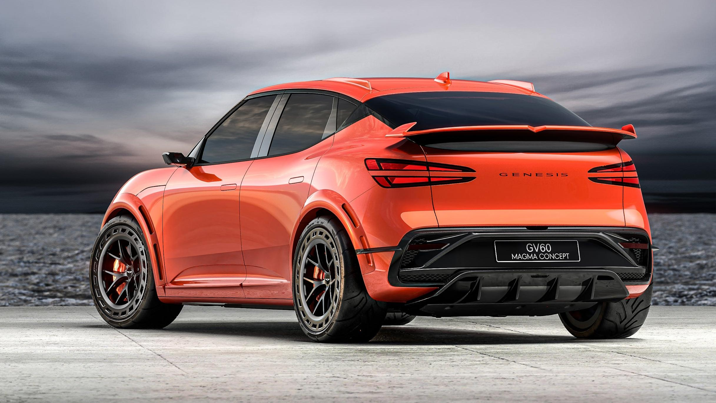 Rear 3/4 view of the orange Genesis GV60 Magma concept