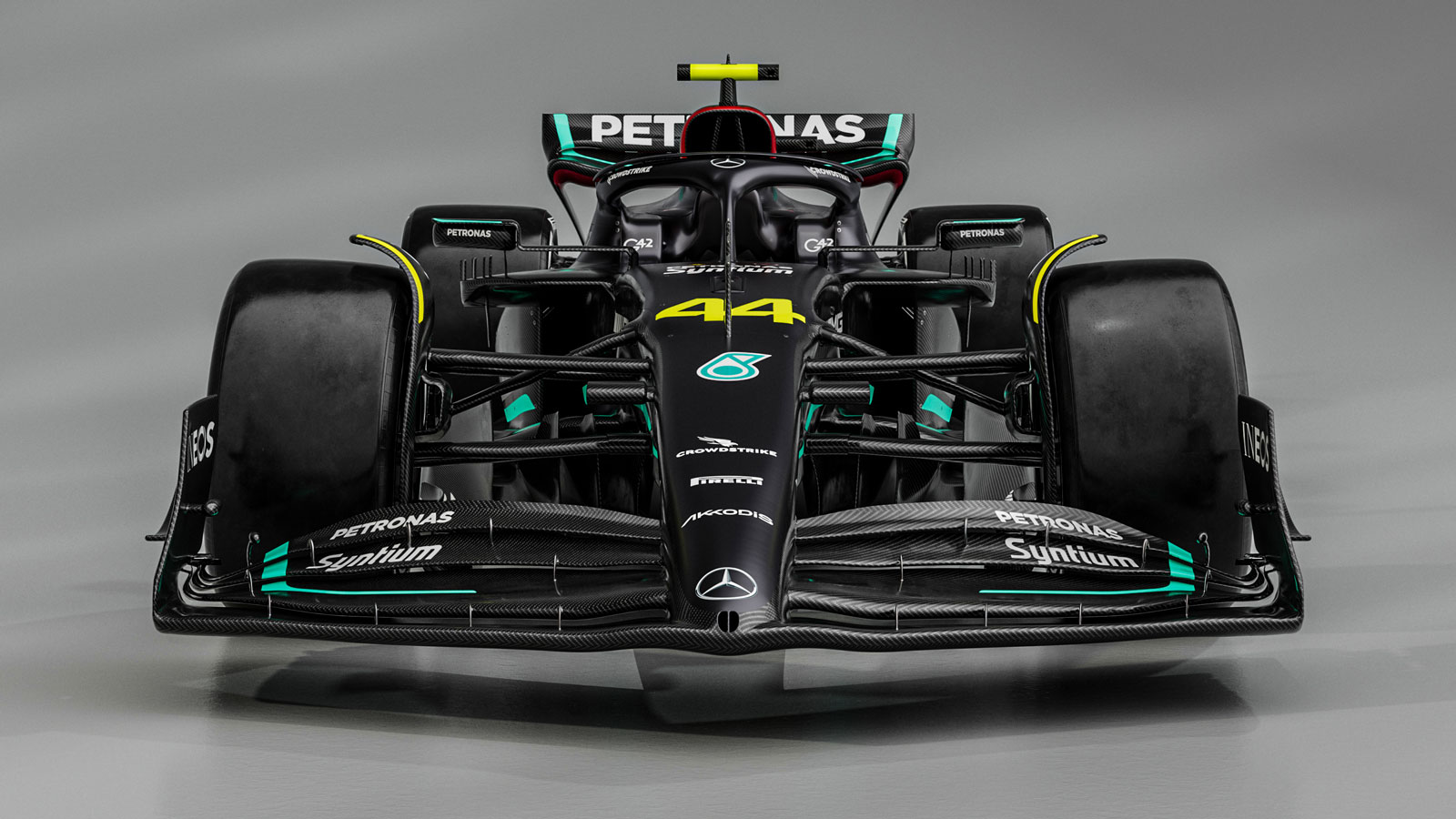 A render of the front view of the 2023 Mercedes Formula 1 car. 