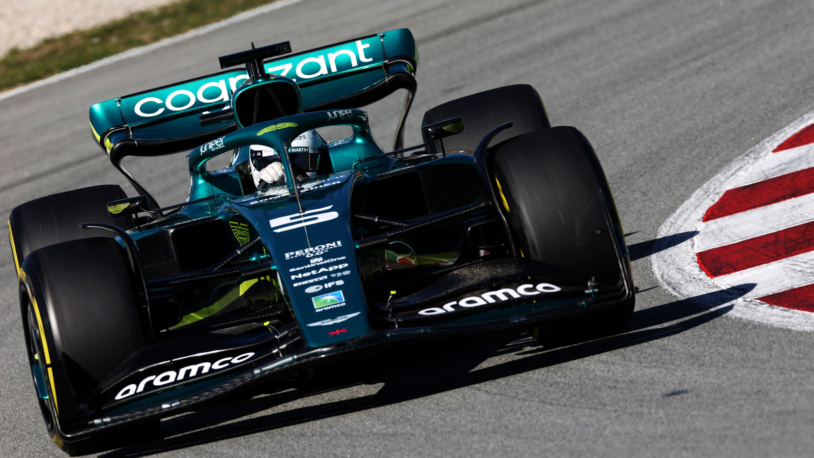 Sebastian Vettel in his Aston martin F1 car in Barcelona 