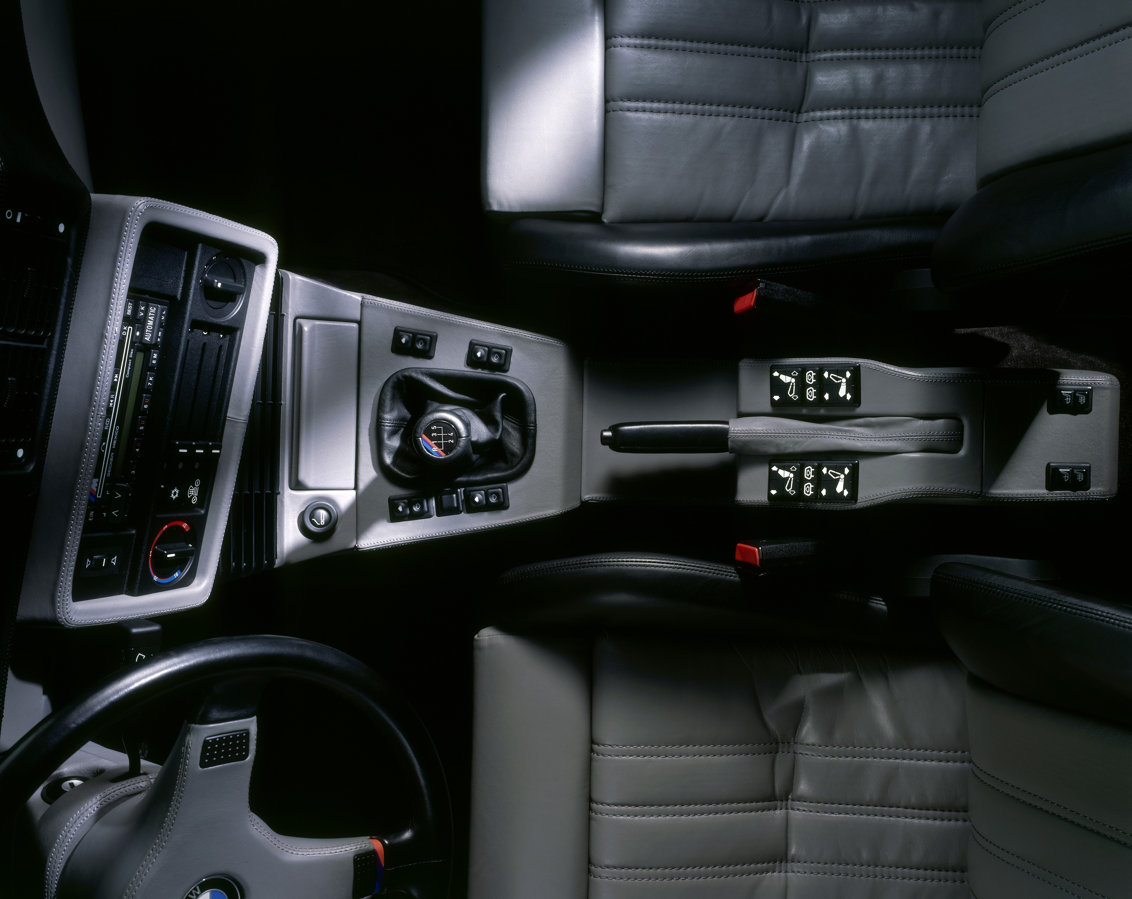 Top-down view of BMW E28 M5 interior.