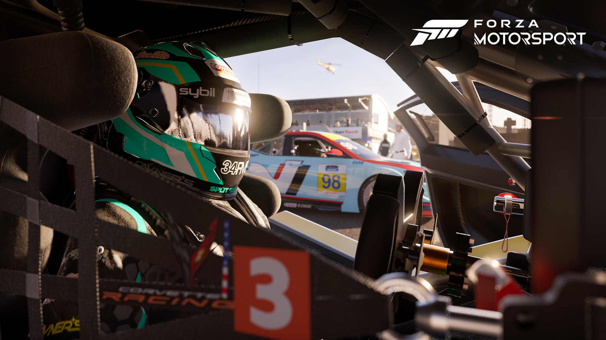 A promotional image from the new Forza Motorsport showing a driver inside a race car.