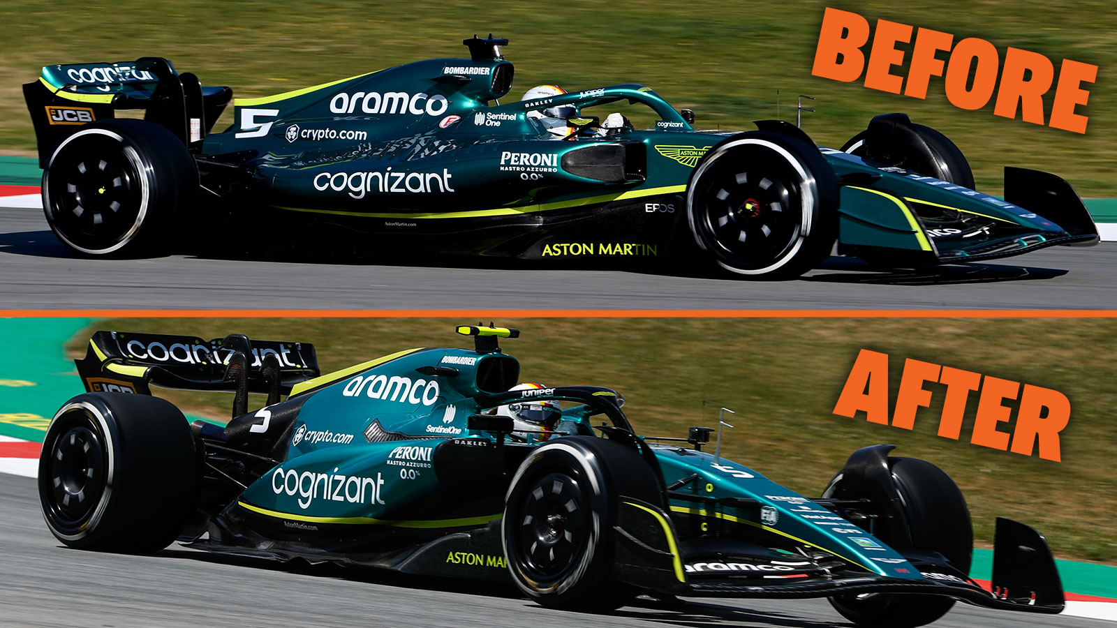 A photo of the original Aston Martin F1 car compared with the new one. 