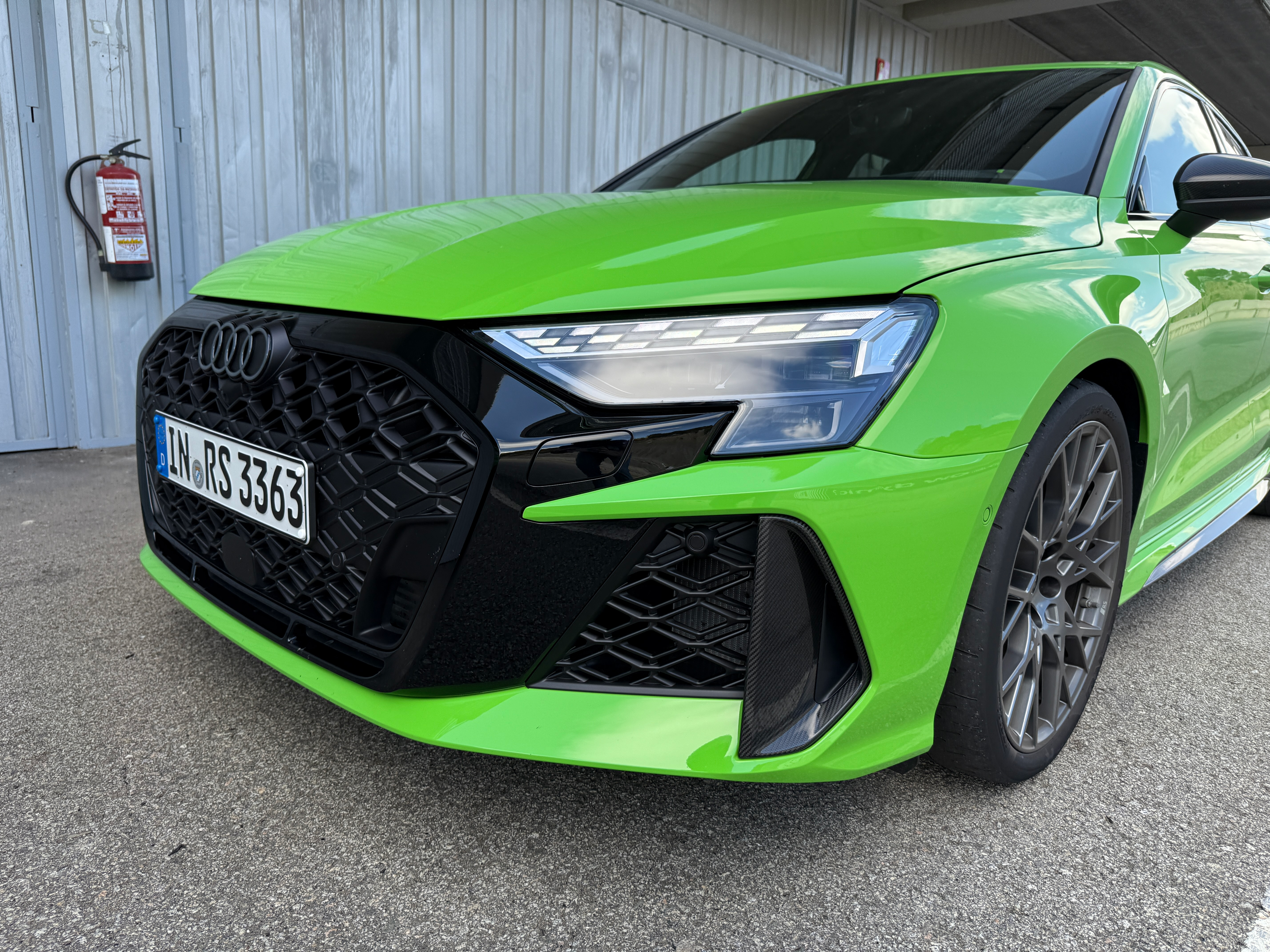 Front end of a green 2025 Audi RS3