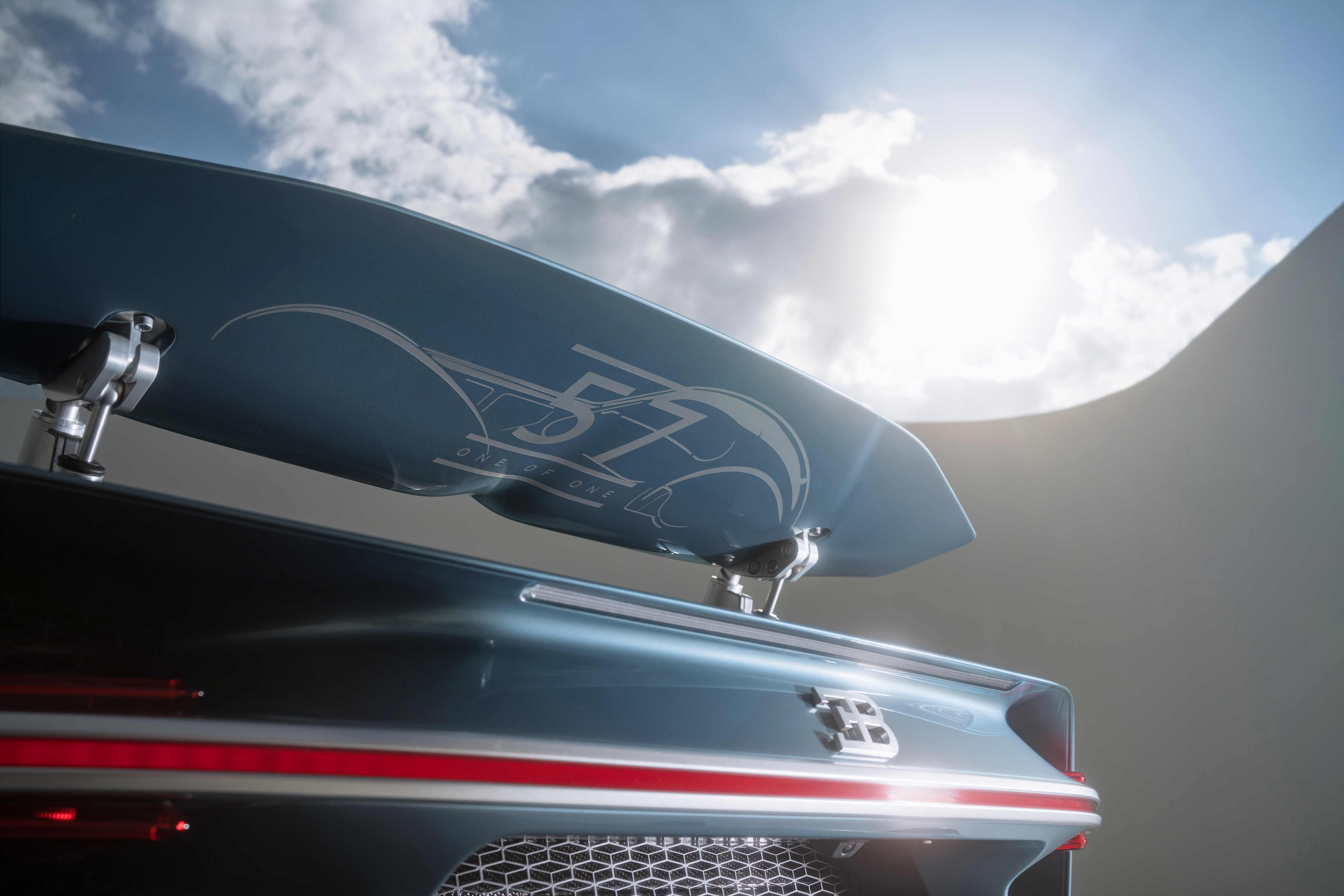 Rear wing detail of a blue Bugatti Chiron Super Sport