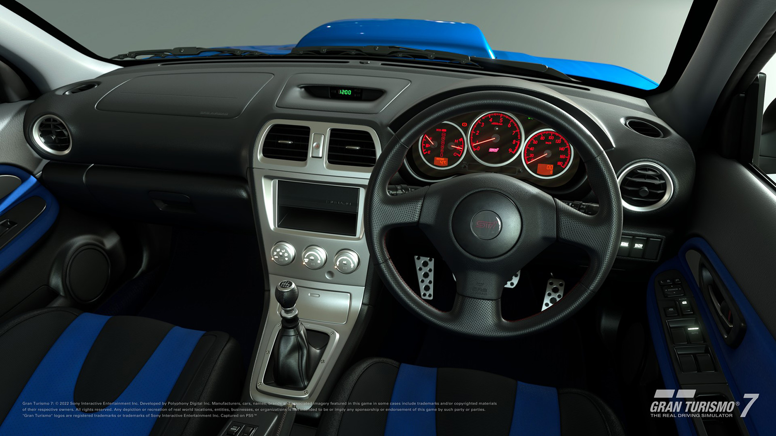 2004 Subaru Impreza WRX STi interior dashboard view in Gran Turismo 7