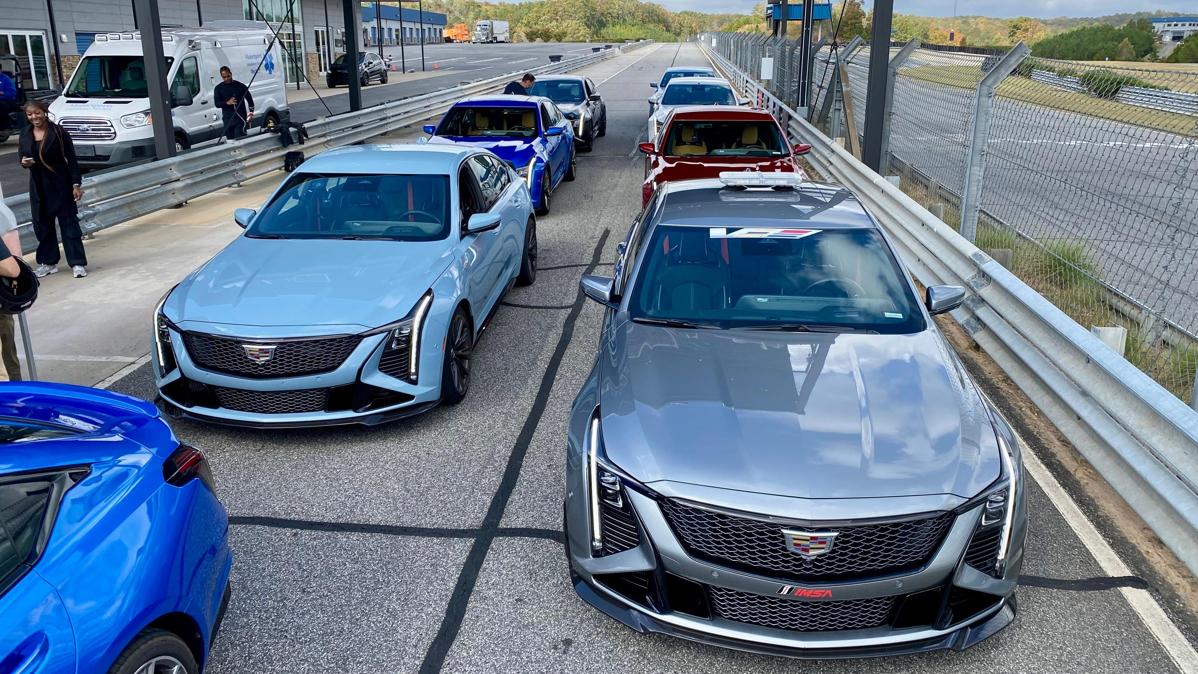 A photo of several CT5 V Blackwings lined up in a grid on a race track