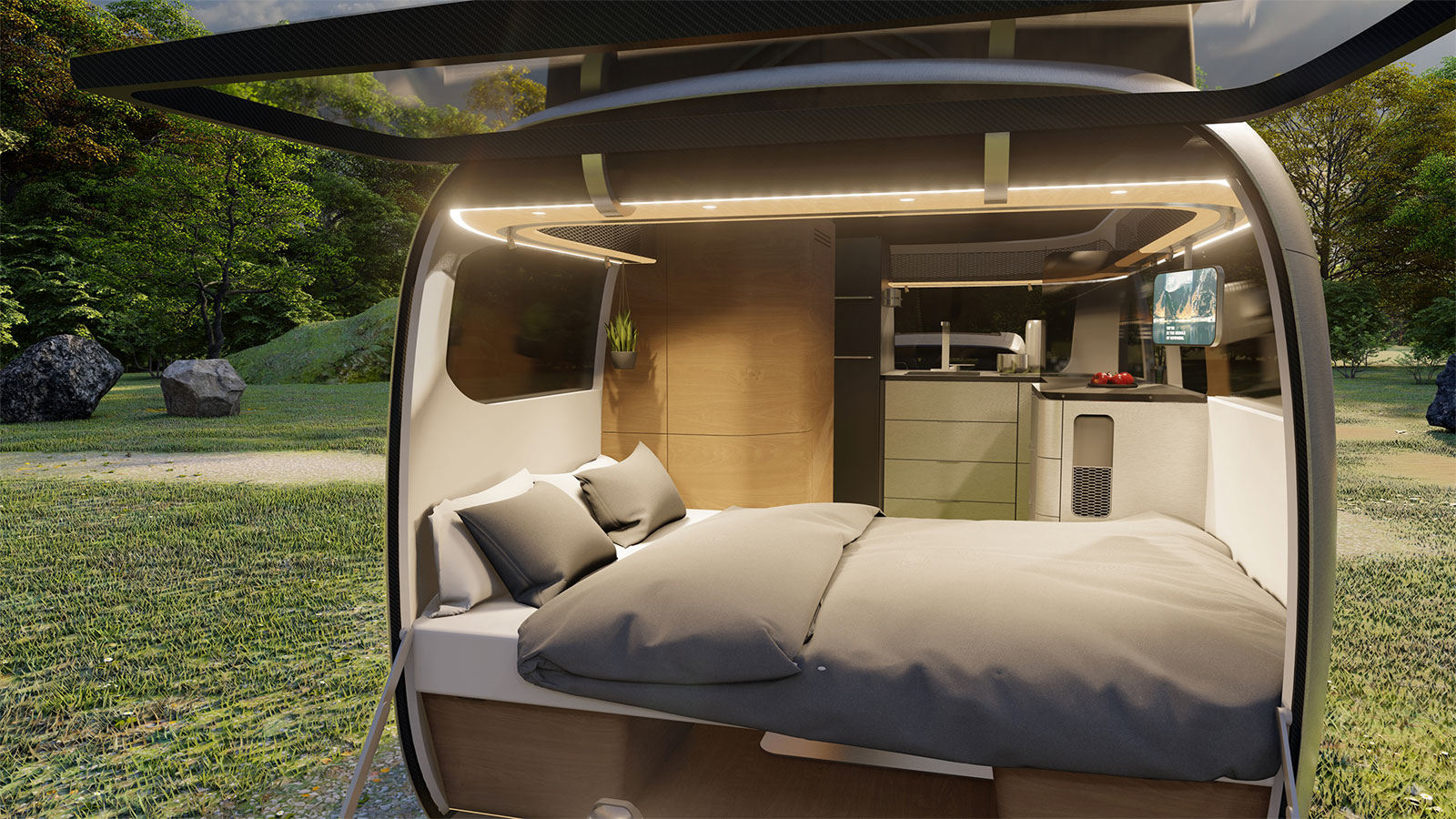 A render of the sleeping area in the Airstream trailer. 