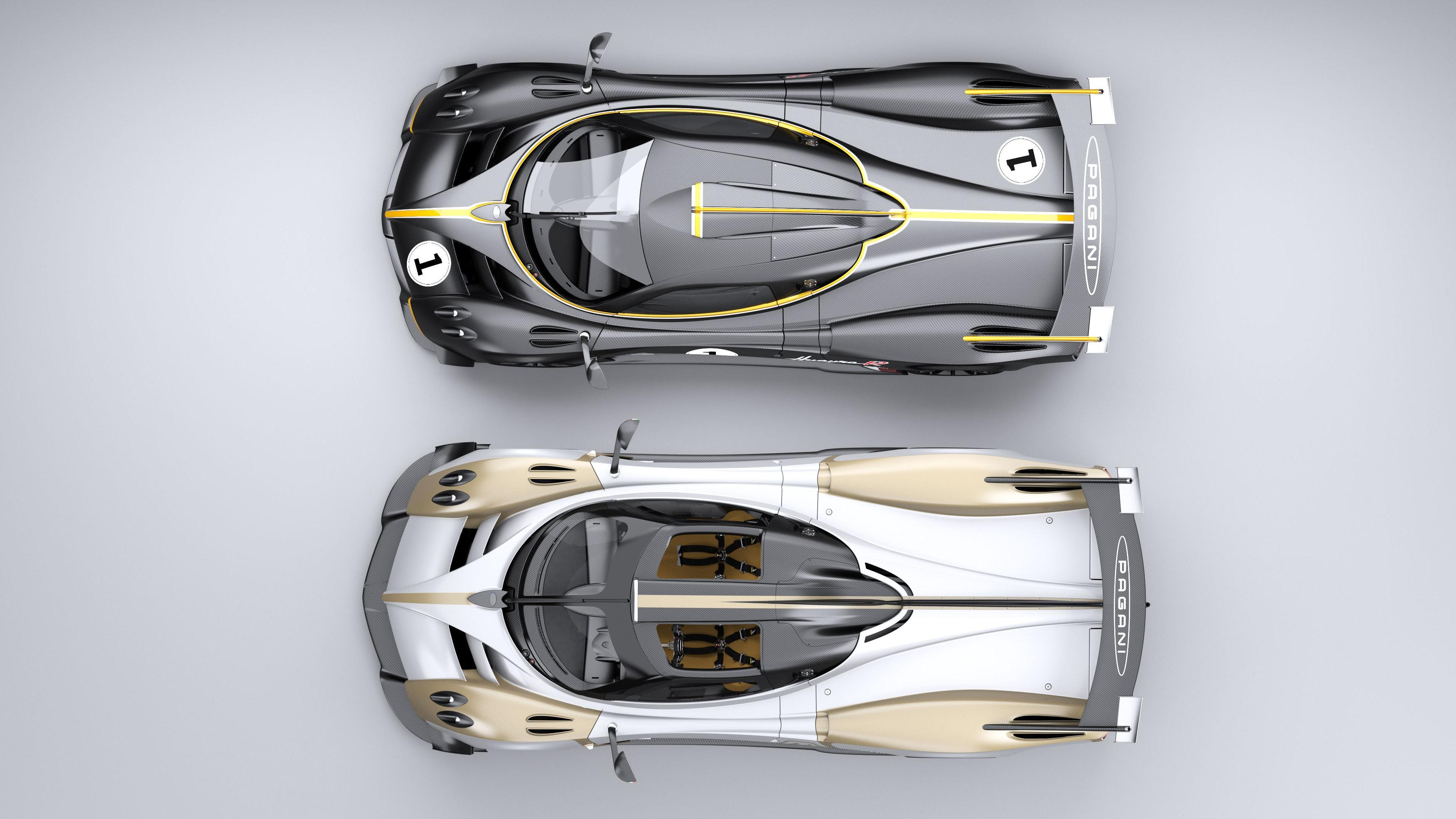 Top-down view of a Pagani Huayra R and Huayra R Evo