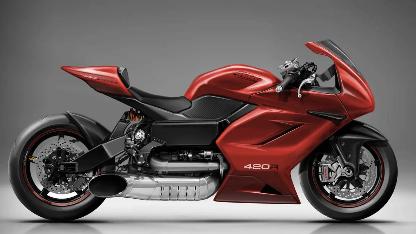 A photo of a red Marine Turbine Technologies 420-RR superbike. 