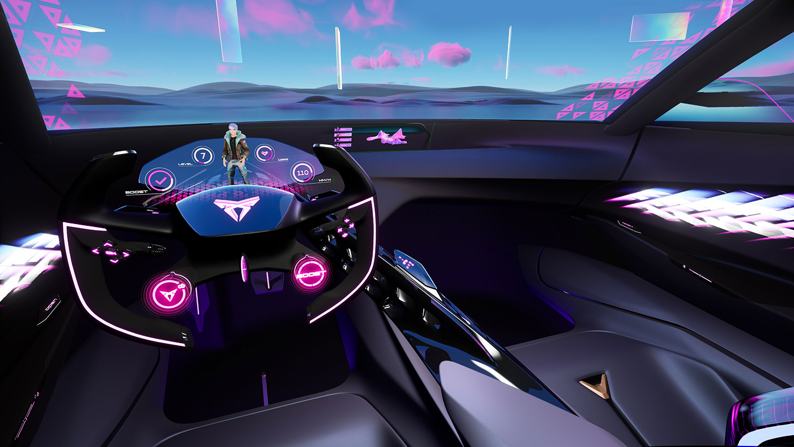 A render of the interior of the Cupra Dark Rebel concept car. 