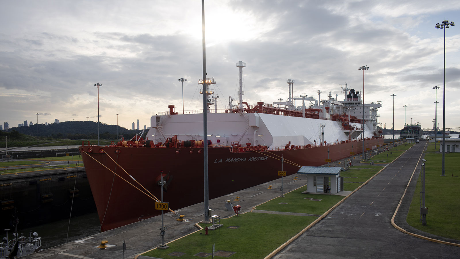 A photo of a ship in a lock on the Panama Canal. 