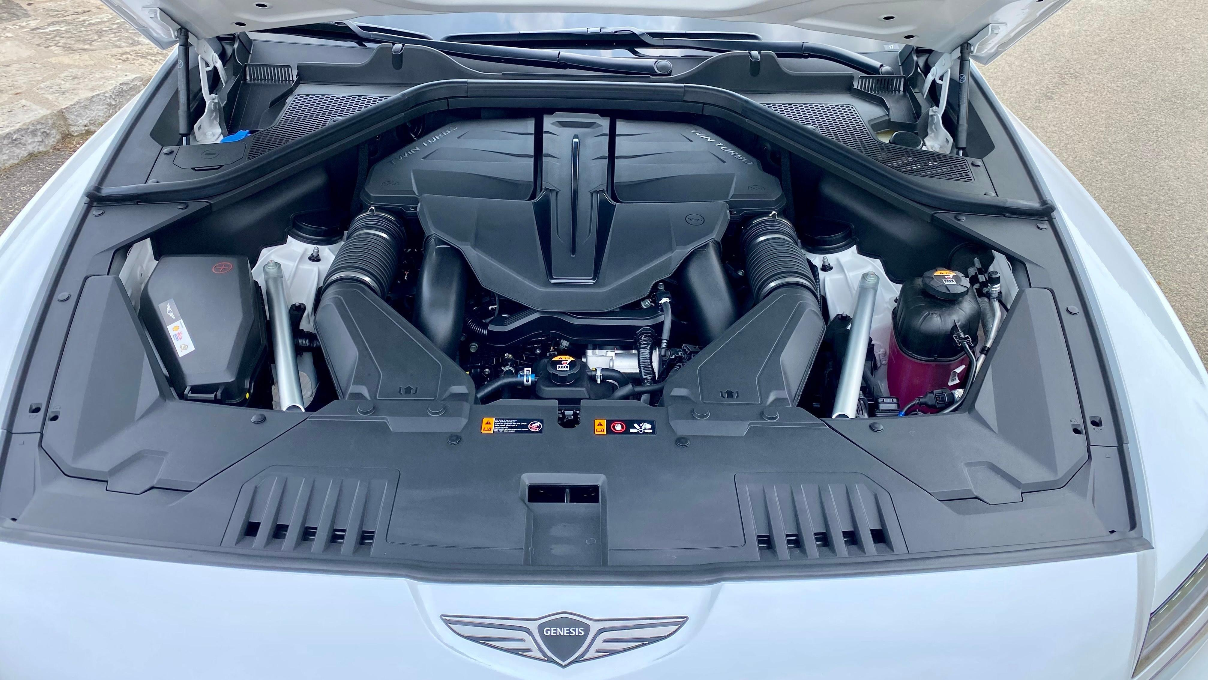 An under-hood shot of the e-supercharged V6 