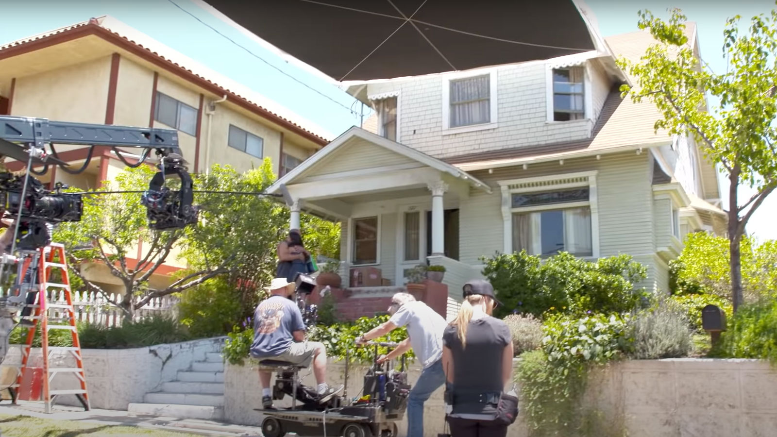 A film crew shoots outside a house in Angelino Heights. 