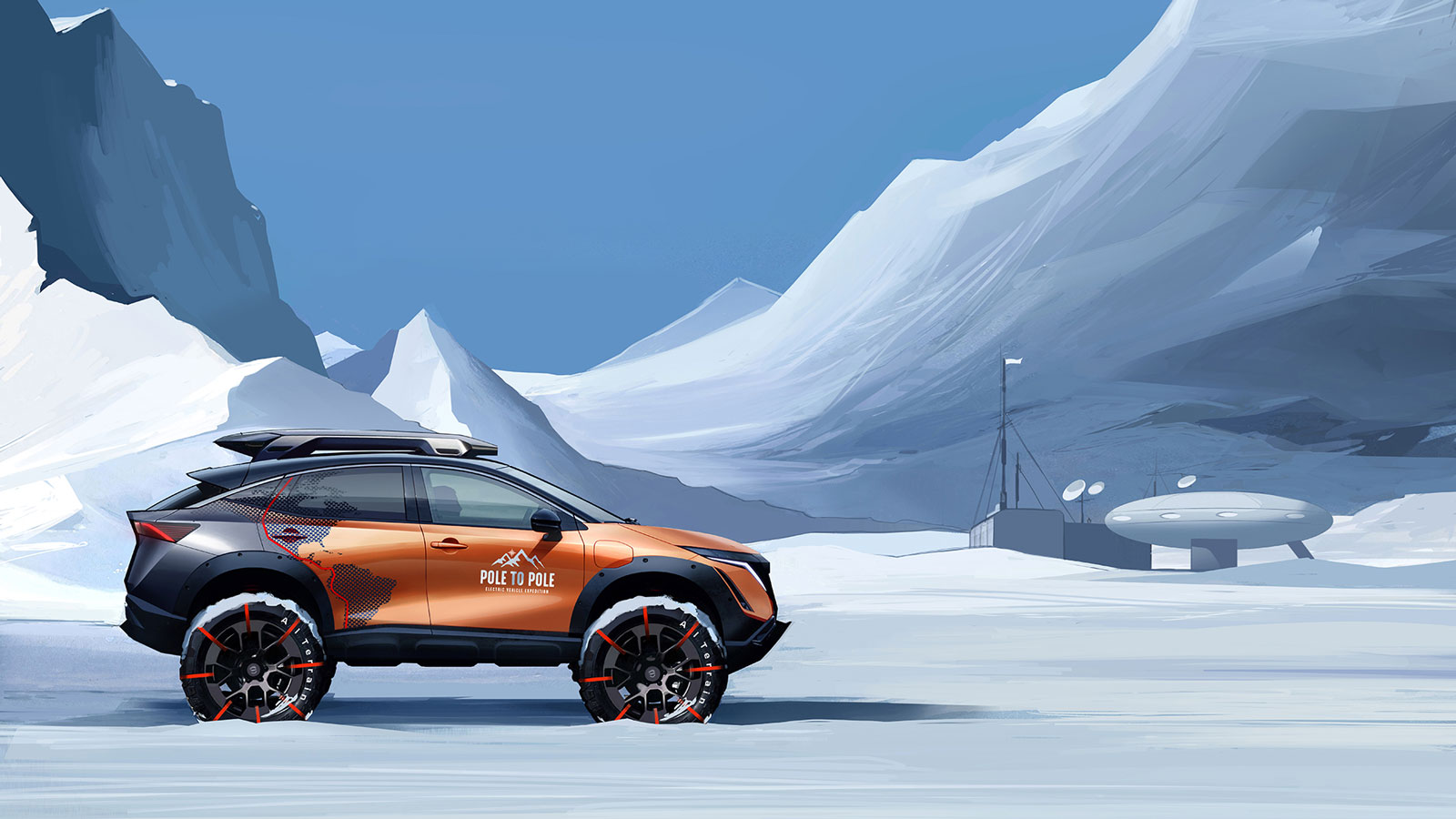 A render of the side profile of the Nissan Ariya EV parked in the snow. 