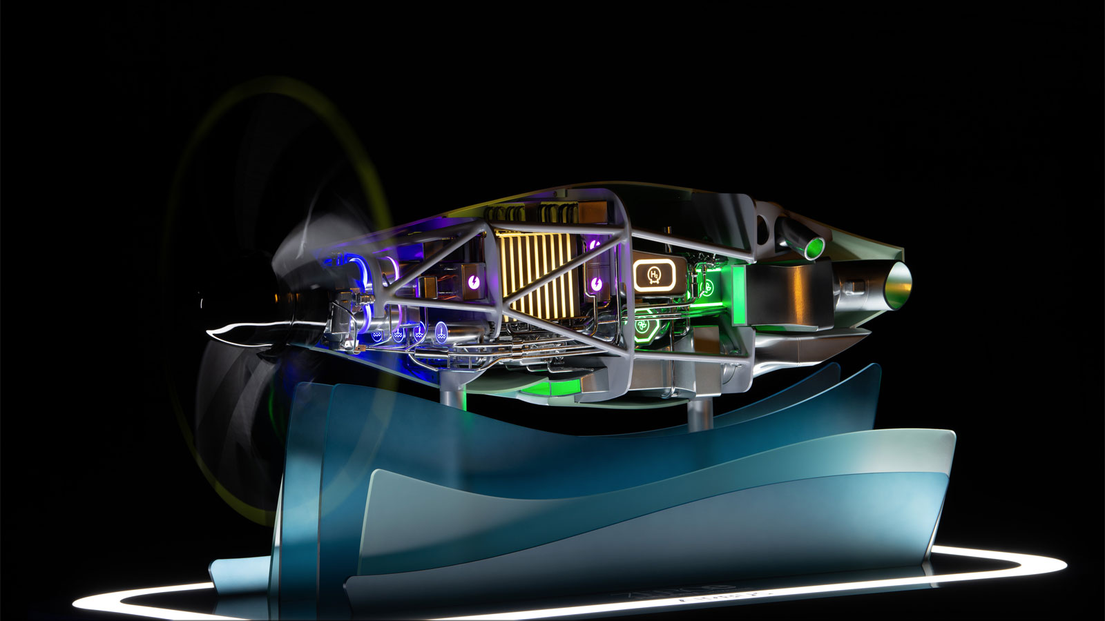 A render showing the inner workings of a hydrogen fuel cel plane engine. 