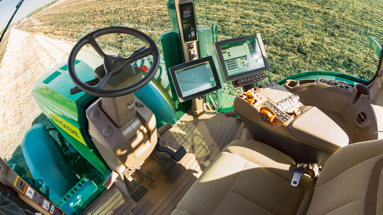 A photo of the interior of John Deere's self-driving tractor. 