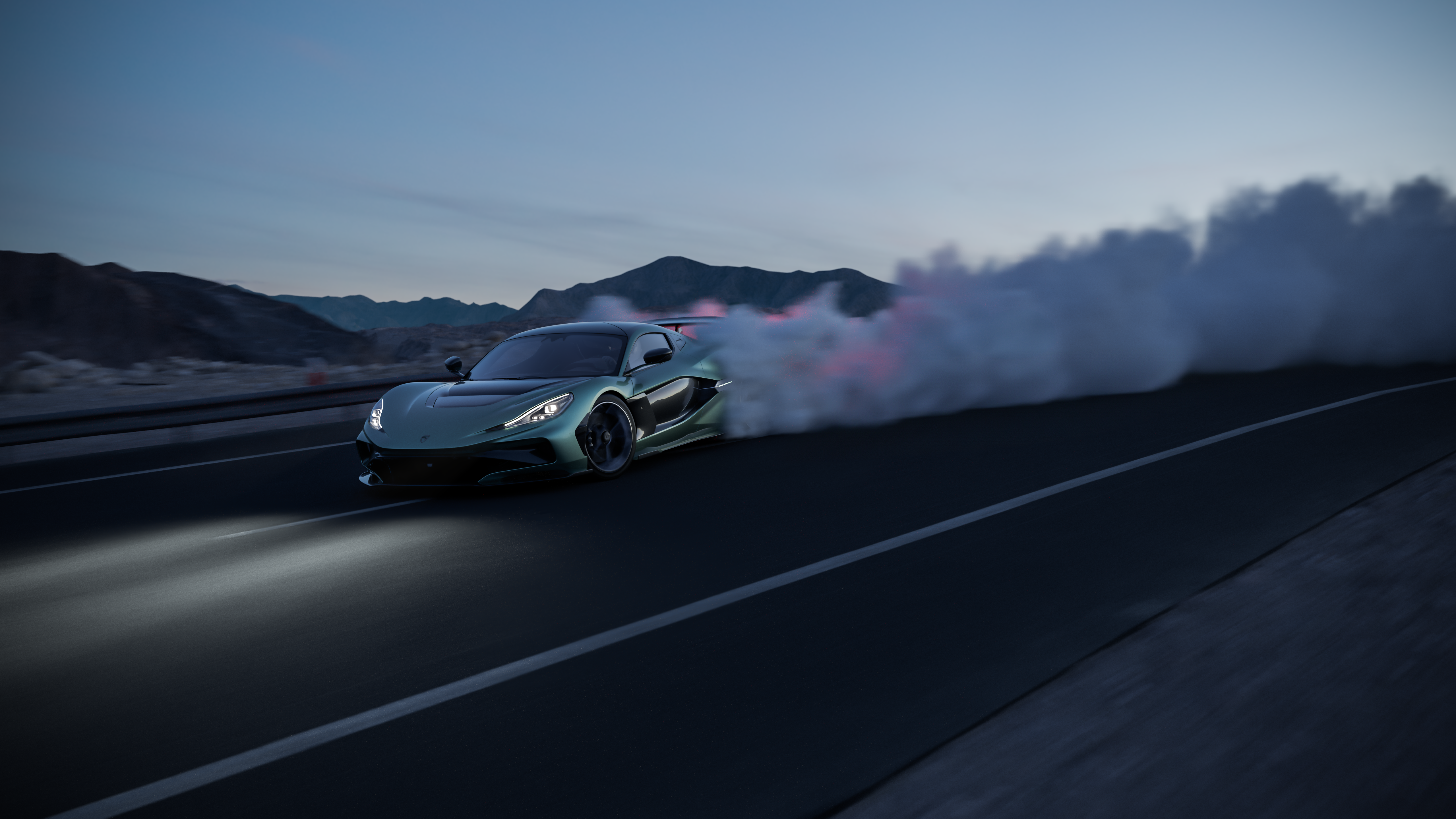 Front 3/4 view of a green Rimac Nevera R drifting