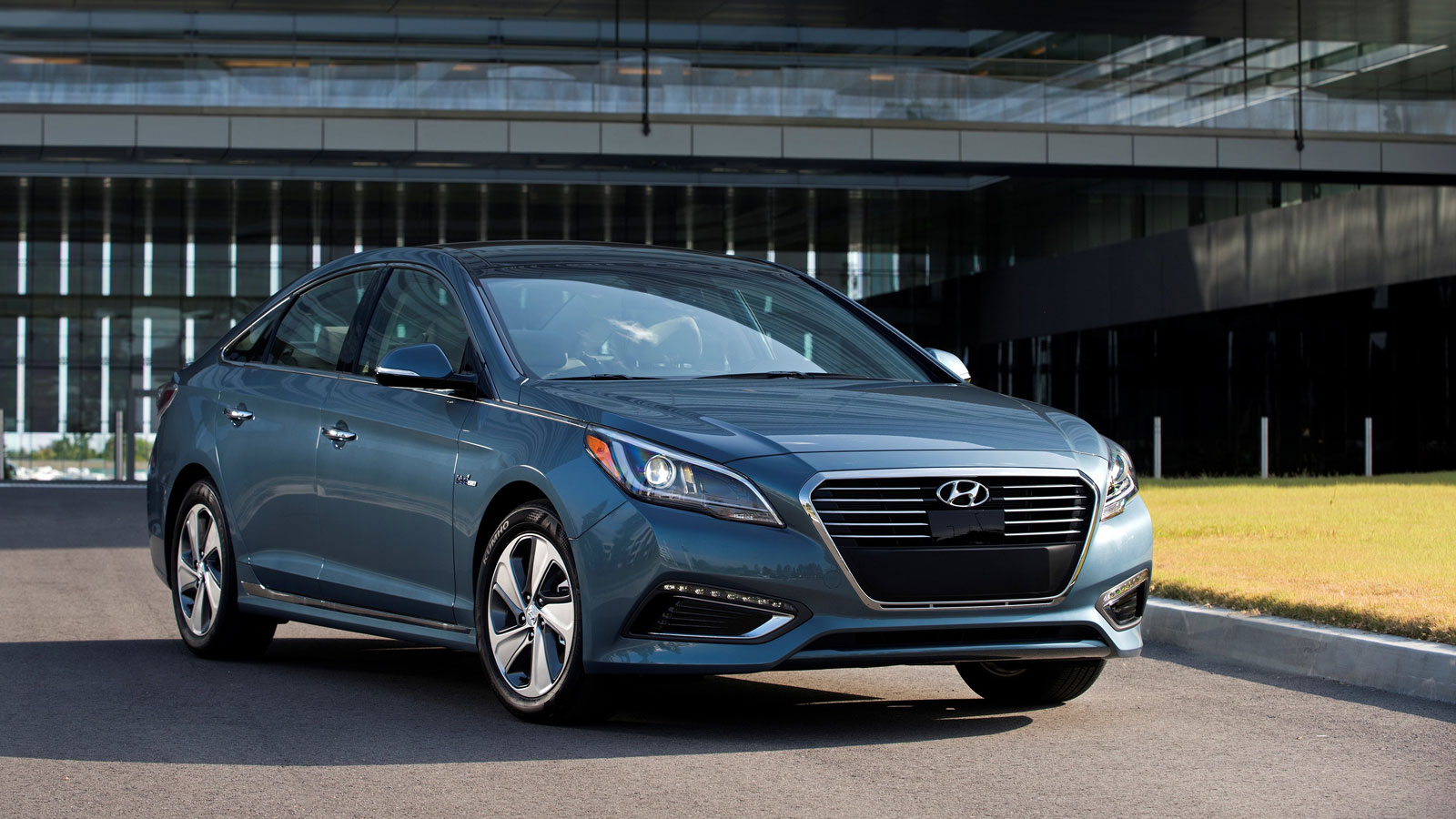 A blue Hyundai Sonata sedan