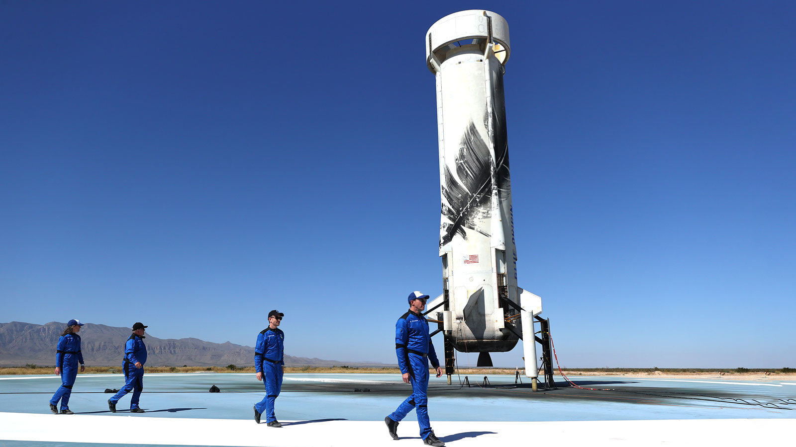 A photo of the crew of a Blue origin space launch. 