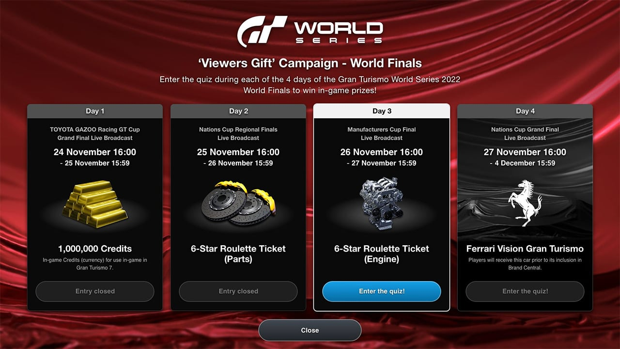 In-game menu explanation of GT World Series awards between November 24 and 27