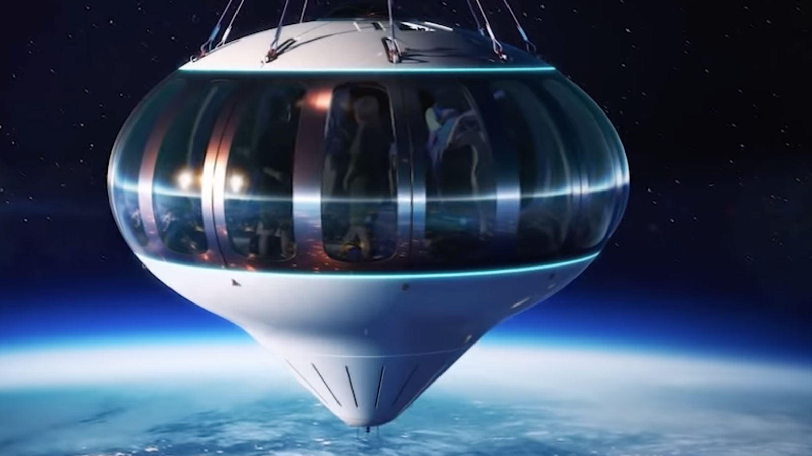 A render of the Space Perspective capsule floating above the earth. 