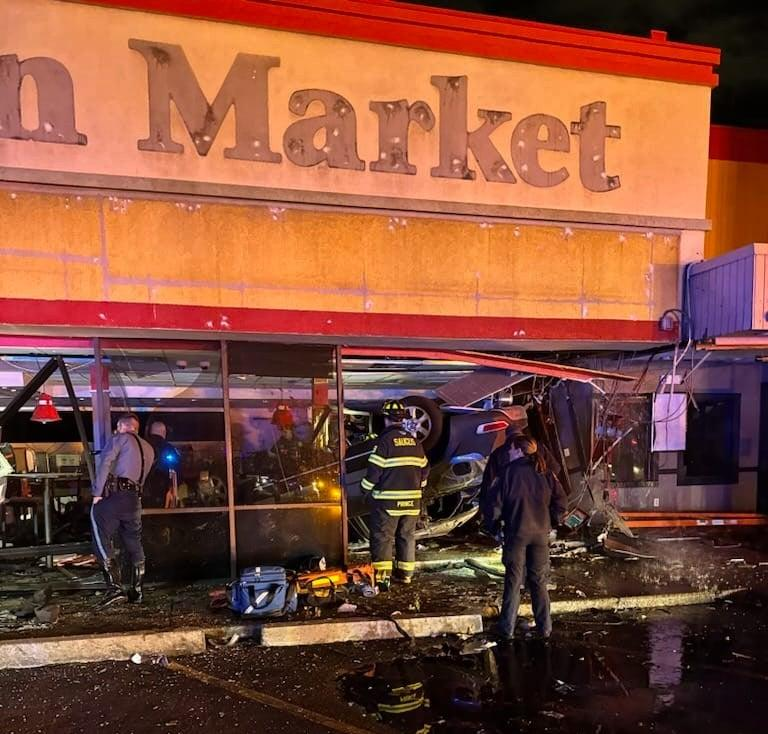 The crash scene at a shuttered Saugus Boston Market.