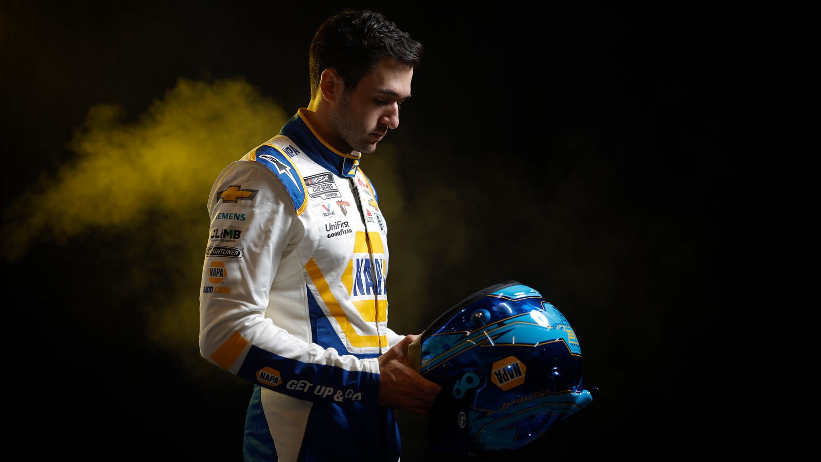 A photo of Nascar driver Chase Elliott in his racing overalls. 