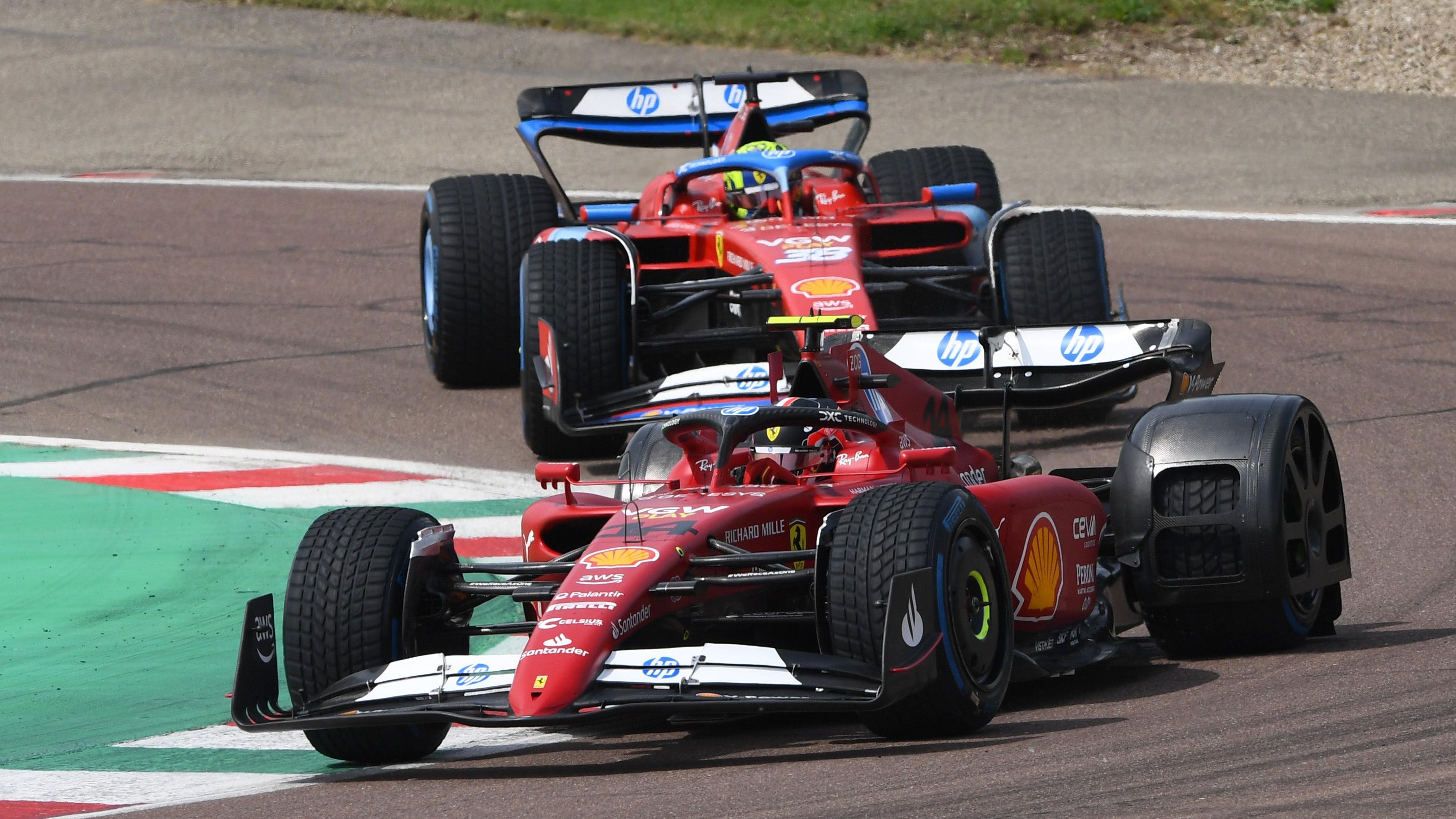 Ferrari test drivers Arthur Leclerc of Monaco and Scuderia Ferrari and Oliver Bearman of Great Britain Scuderia Ferrari on track during the Ferrari F1 Spray Guard Testing Session at Fiorano Circuit on May 09, 2024 in Fiorano Modenese, Italy. 