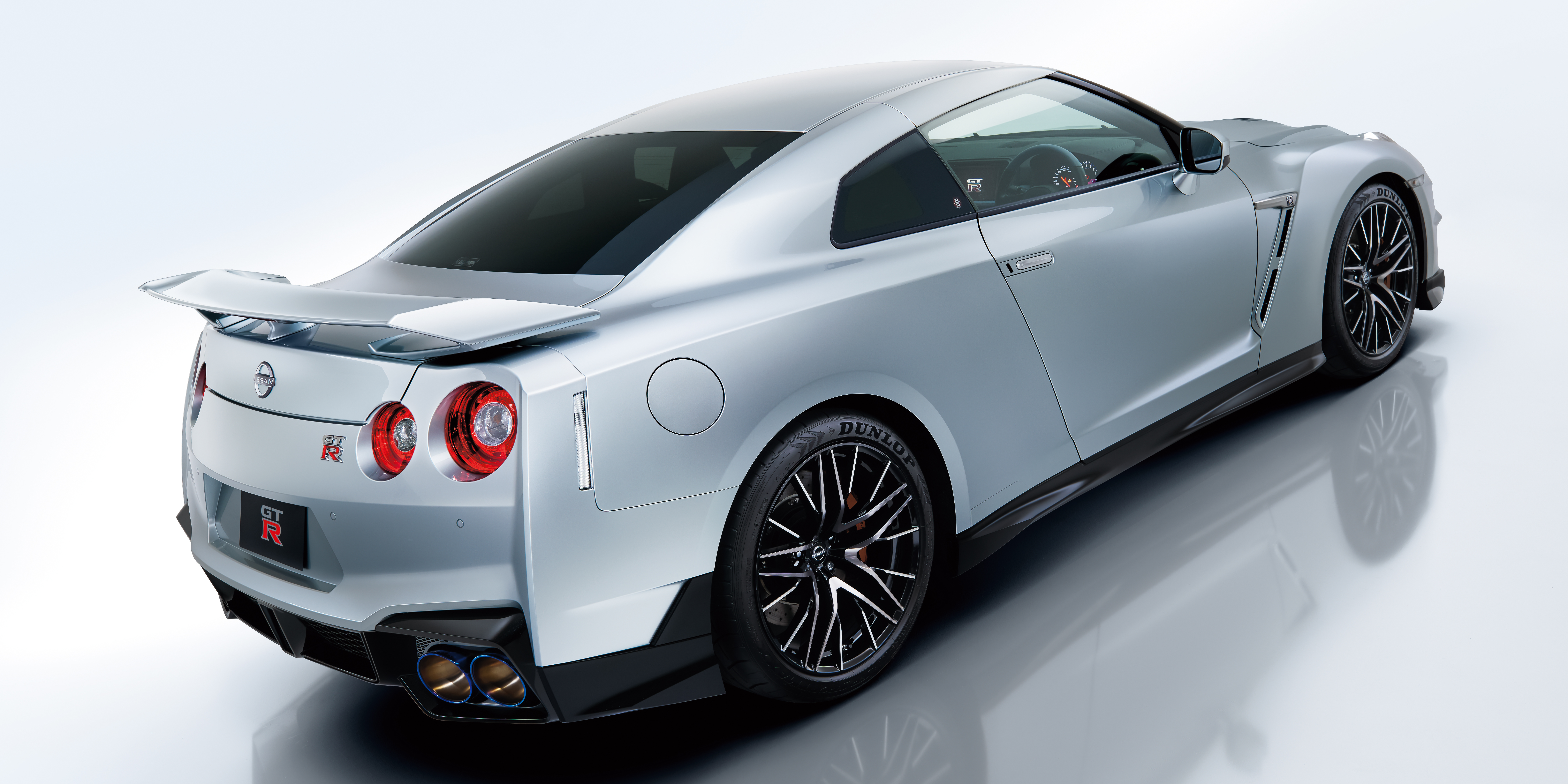 Rear 3/4 view of a silver Nissan GT-R