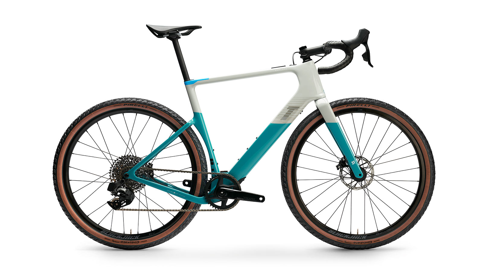 A photo of the cream and teal BMW x 3T electric gravel bike. 