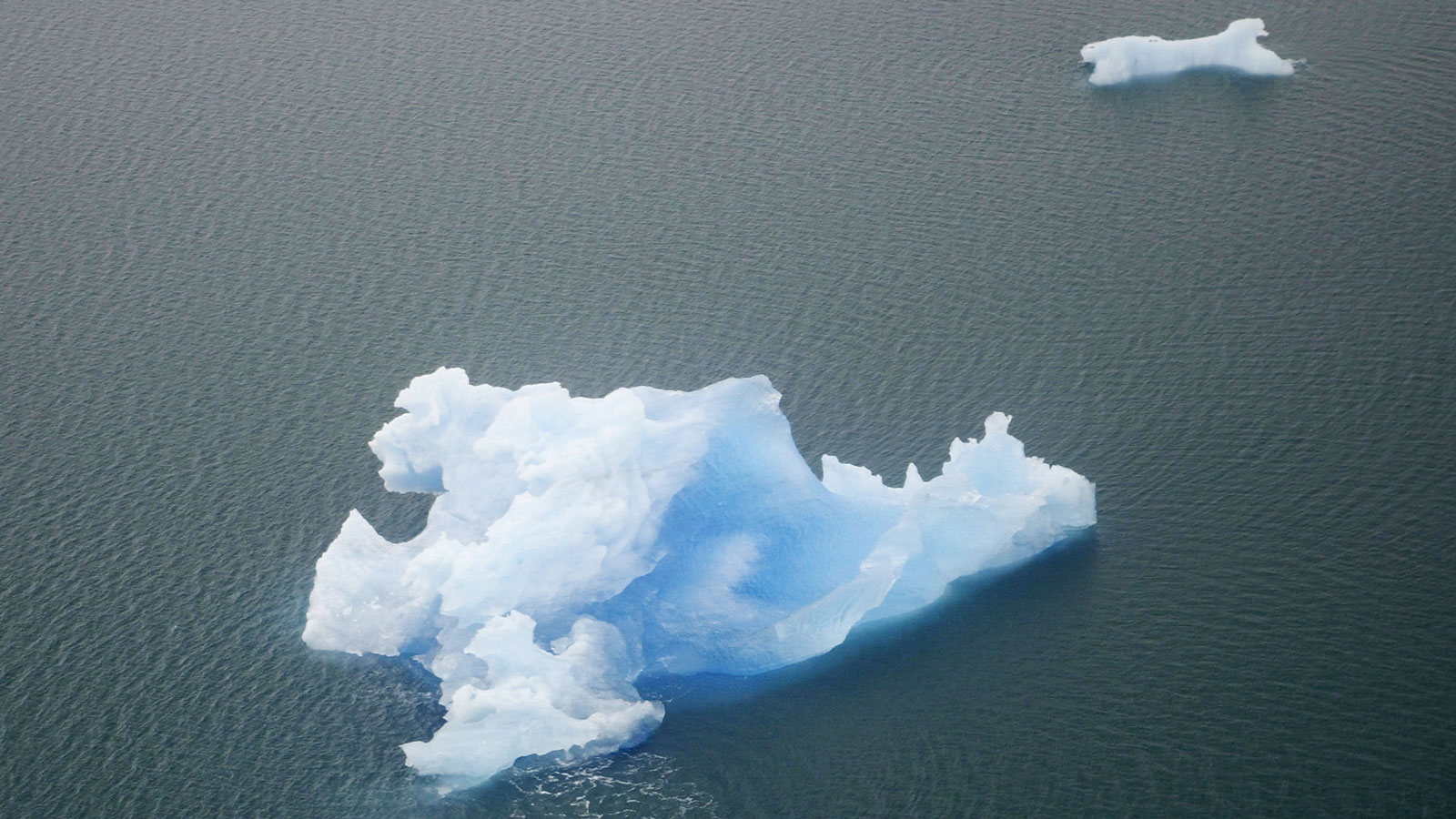 A photo of two icebergs floating in Alaska. 