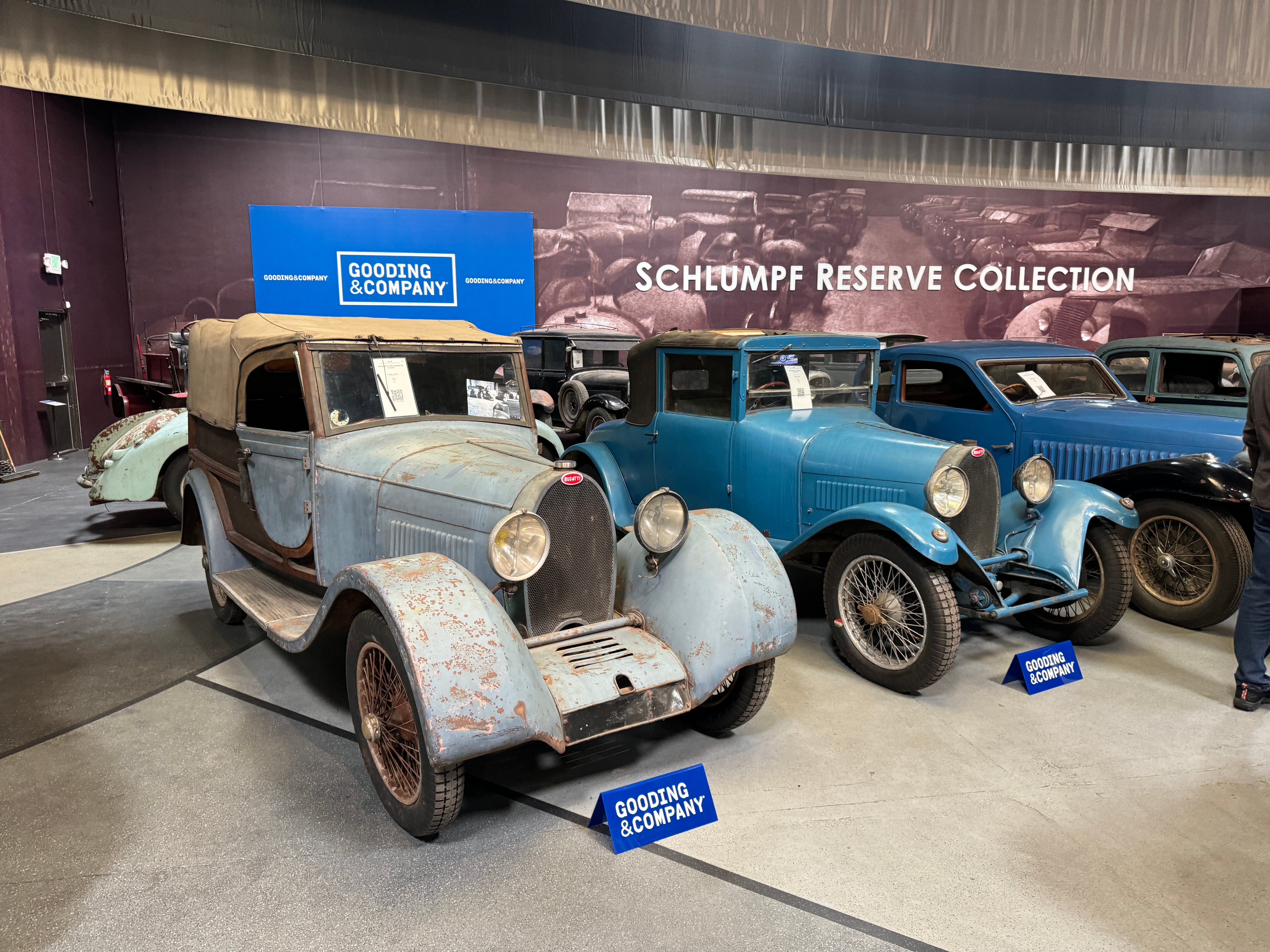 A lineup of barn find pre-war Bugattis