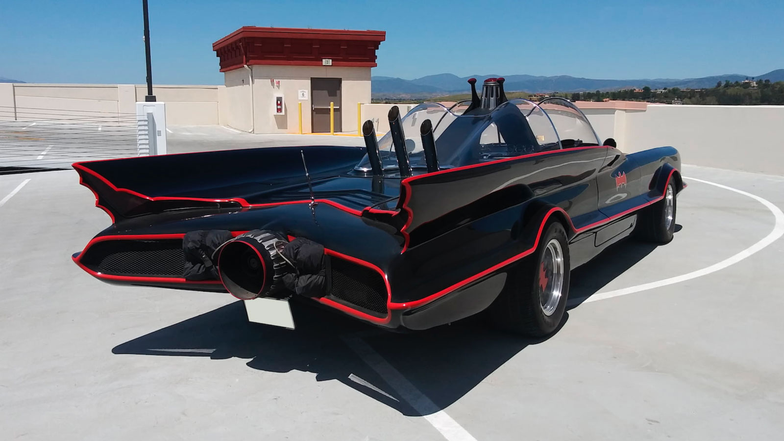 A view of the rear of the replica Batmobile 