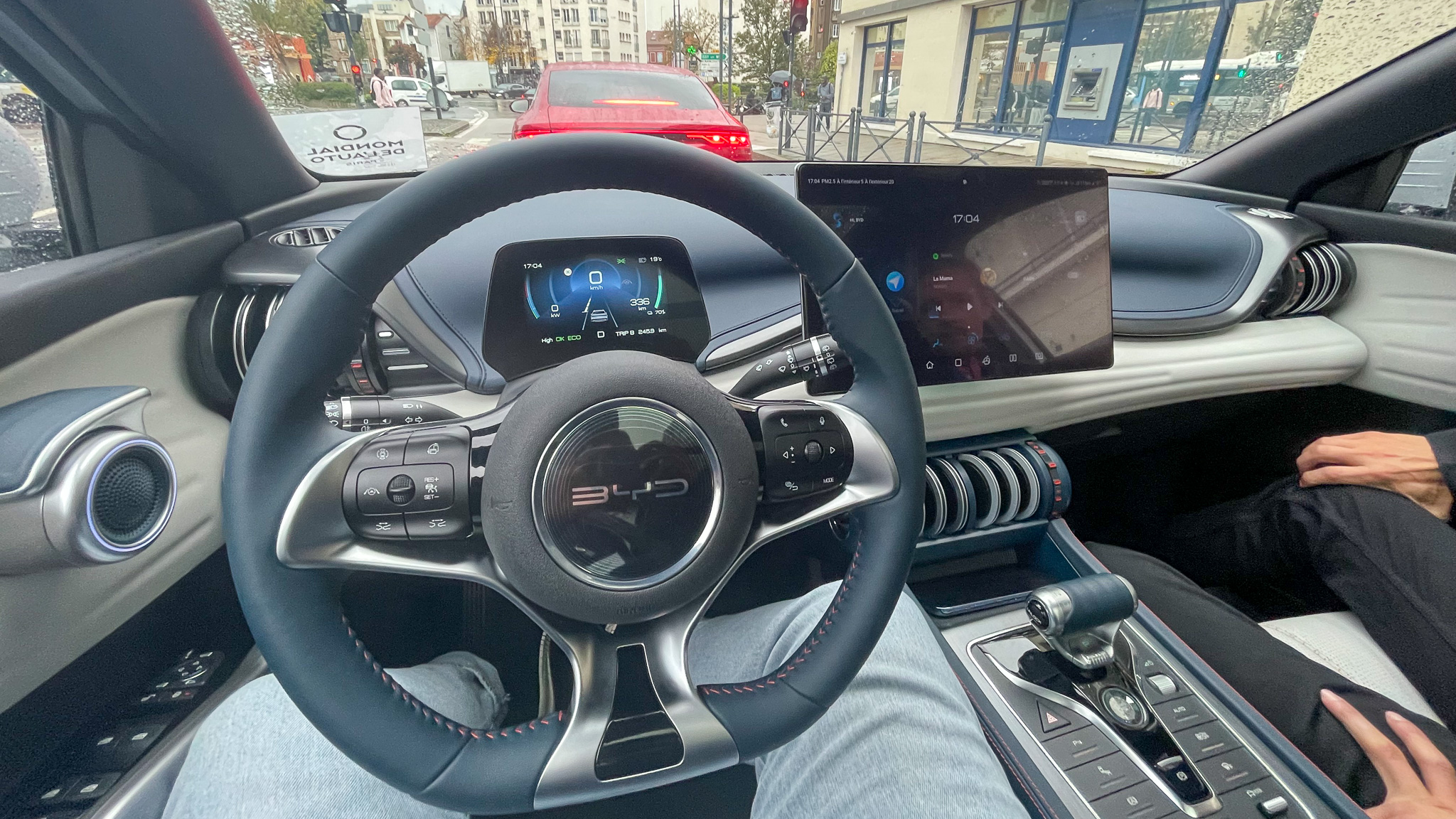 The interior of BYD Atto 3 while stuck in traffic during a test drive around Paris at the 2022 Paris Motor Show. 