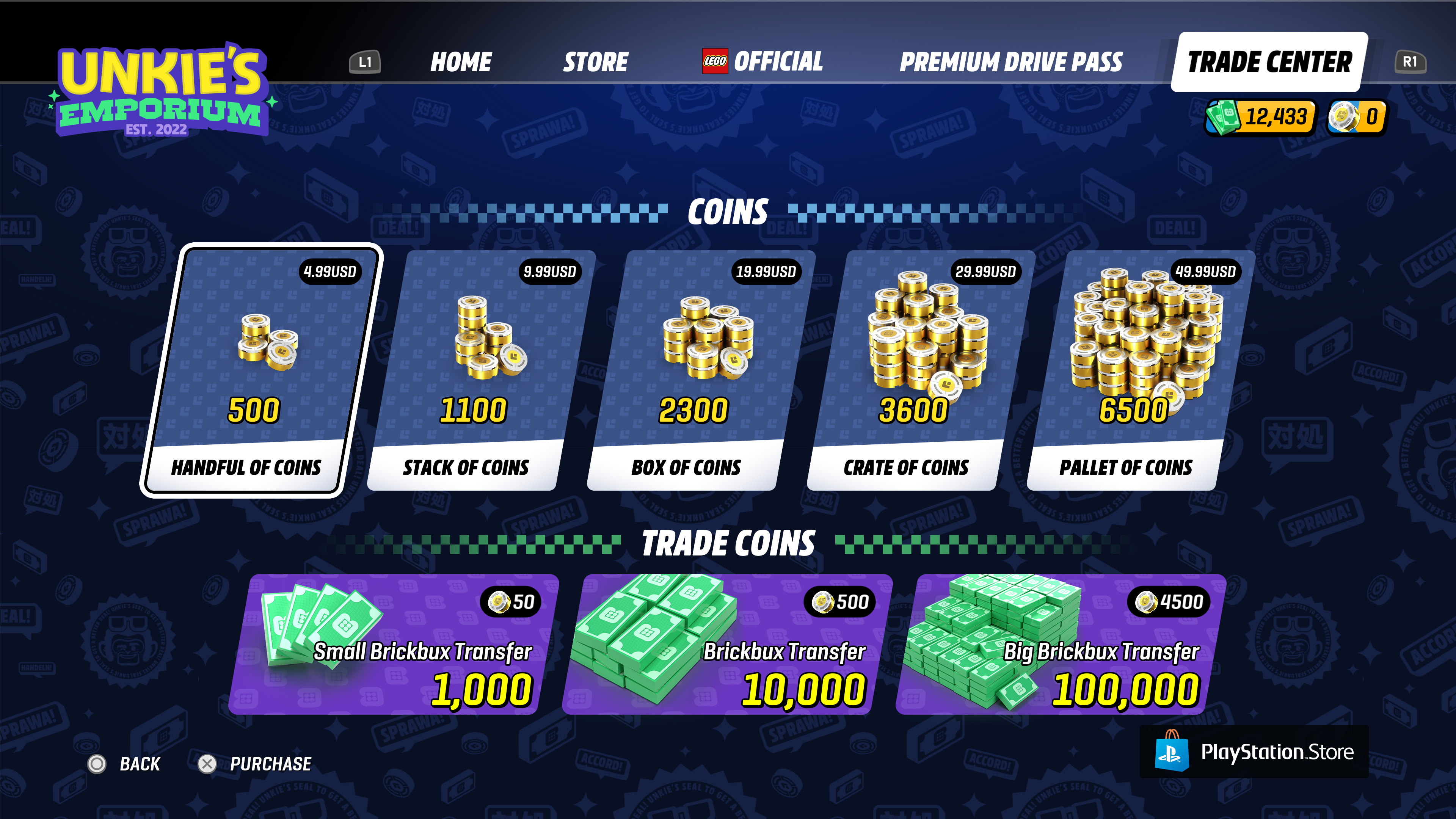 A screenshot of the coins and Brickbux purchase menu in Unkie's Emporium in Lego 2K Drive.