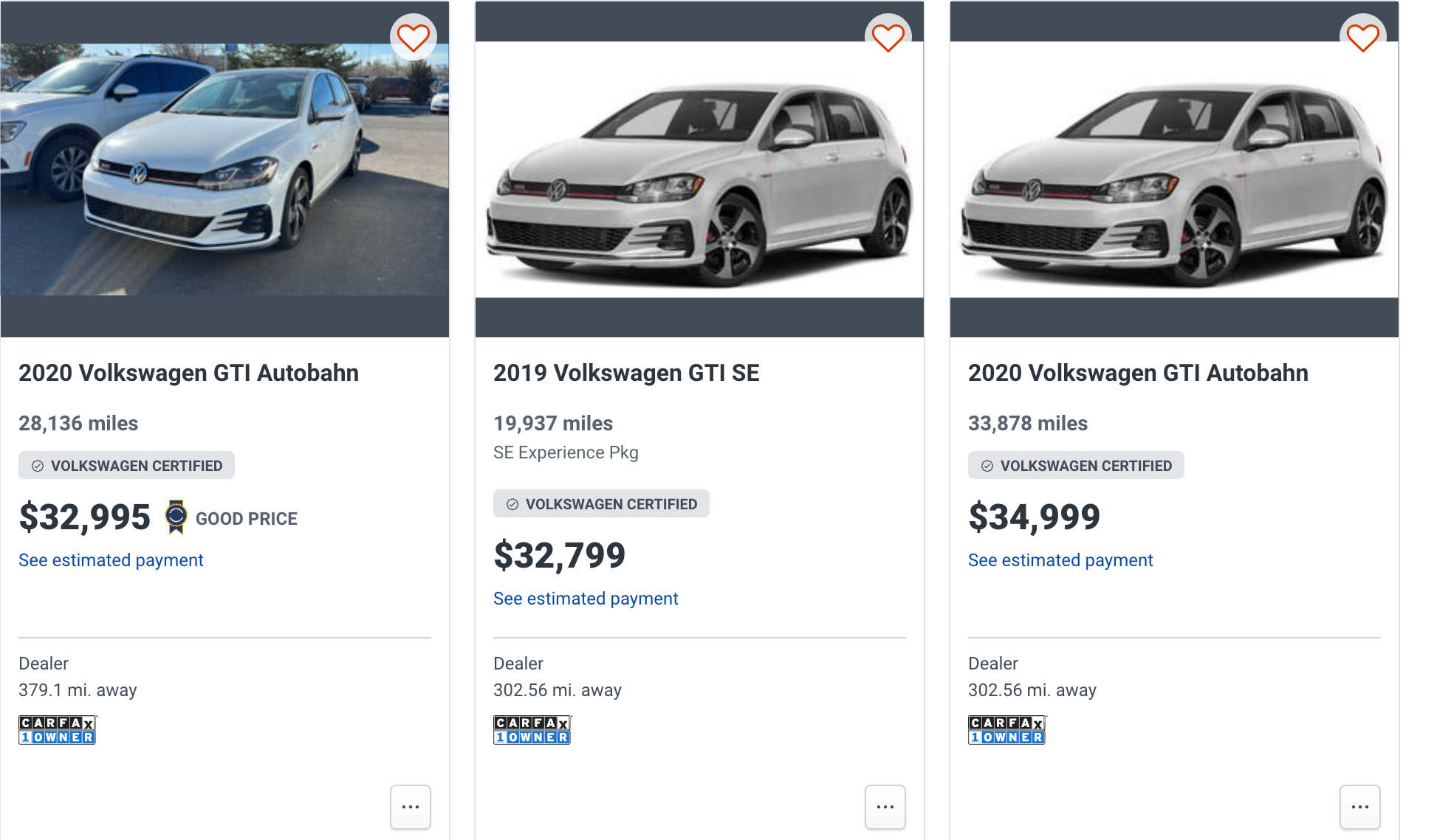 A screenshot from Autotrader showing how much more expensive Volkswagen GTIs are than Mini Cooper S'