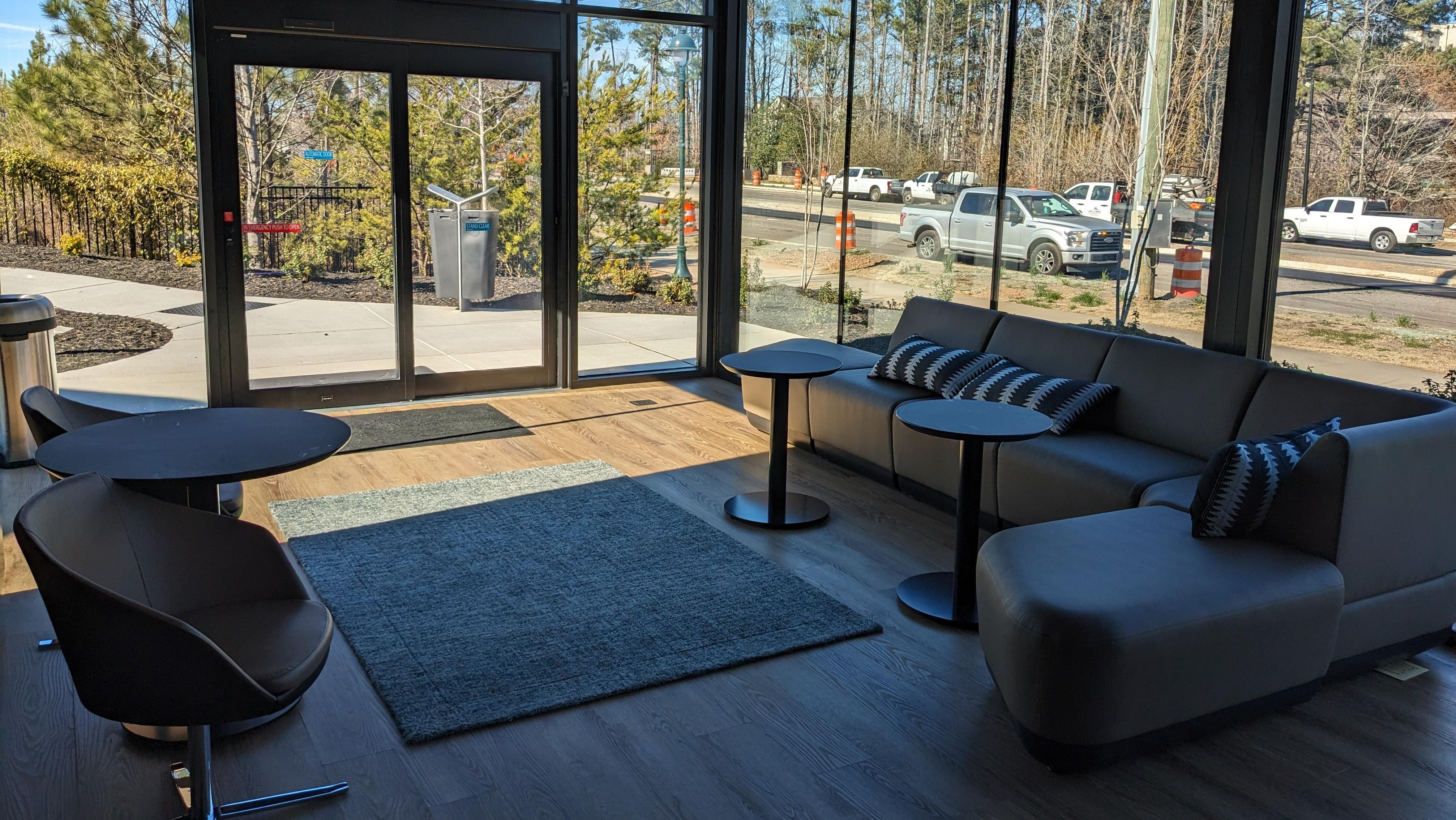 View of the lounge at Mercedes' charging hub